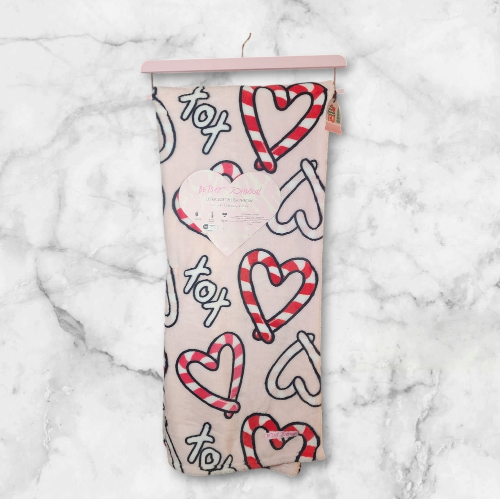 NWT Betsey Johnson Light Pink Holiday Plush Throw Blanket with Candy Canes